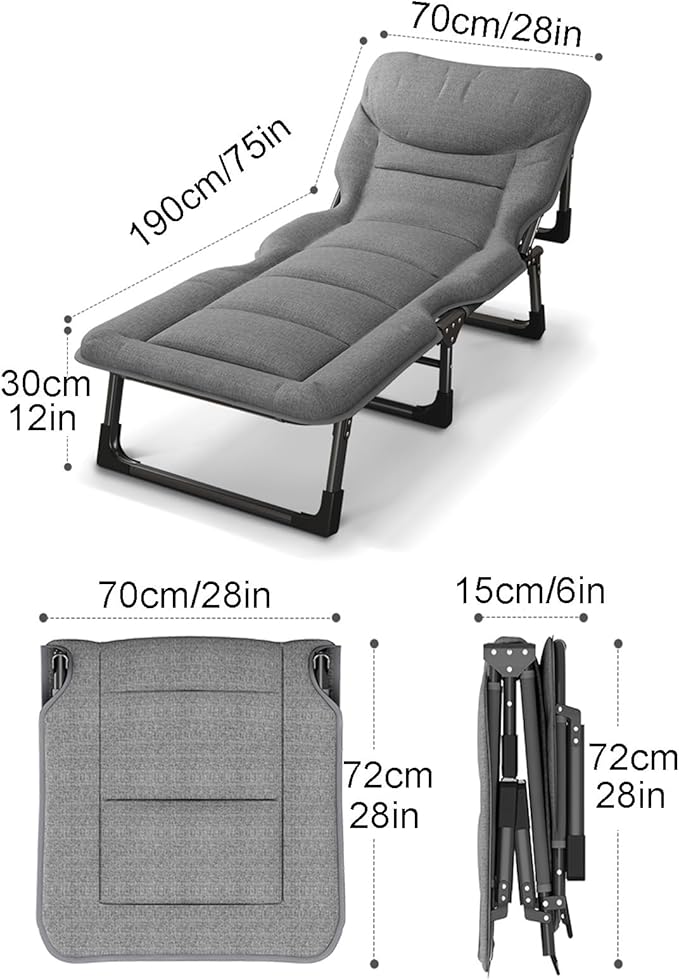 Portable Folding Camping Cot with 4 Speed Adjustment Heavy Duty Sleeping Cot Bed for Adults Outdoor Reclining Lounge Chair with Pillow 160KG Weight Capacity Ideal for Outdoor Travel.