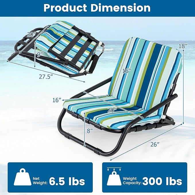 Giantex 2-Pack Beach Chairs for Adults Folding Camping Chairs with Aluminum Frame Quick-Drying Cotton Cushion Shoulder Straps 300 Lbs Capacity Lightweight Sling Chairs for Travel Backpack Chair