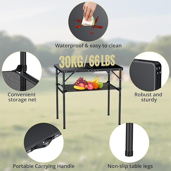 Anbte 3ft Camping Table Foldable with Storage Net 3 Heights Max 29.5 Aluminum Camping Table with Portable Handle Lightweight for Travel Outdoor Beach Picnic Patio Indoor 36 x 24 Pure Black