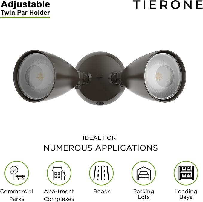 TIERONE Twin-Head LED Flood Light with Dusk to Dawn Photocell UL Listed Outdoor Security Lighting 120V Two Head Par Light with 4 PAR30 Bulbs(Each 12W 1080 Lumen 4000K) 2 Pack Dark Bronze