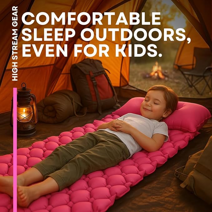 Kids Sleeping Pad for Camping and Sleepovers with Pillow Inflatable Camping Mattress for Backpacking &amp Travel Thick Toddler Cot Mat Fast Inflating Camping Sleeping Pads for Kids