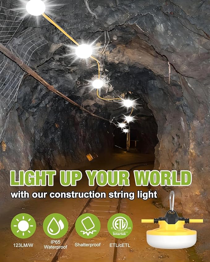 YXL 130W 16000LM Construction String Lights Temp Lighting 100FT Industrial LED Work String Lights IP65 Waterproof Super Bright for Construction Sites Temporary Work Jobsites Outdoor Lighting