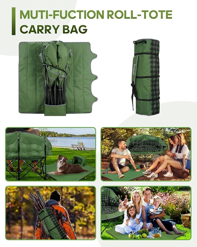 Double Camping Chair Padded Loveseat for Adults Oversized 2 Person Camp Couch with 2 in 1 Carry Bag Heavy Duty Folding Outdoor Sofa with Cup Holders for Lawn Beach Tailgating Green