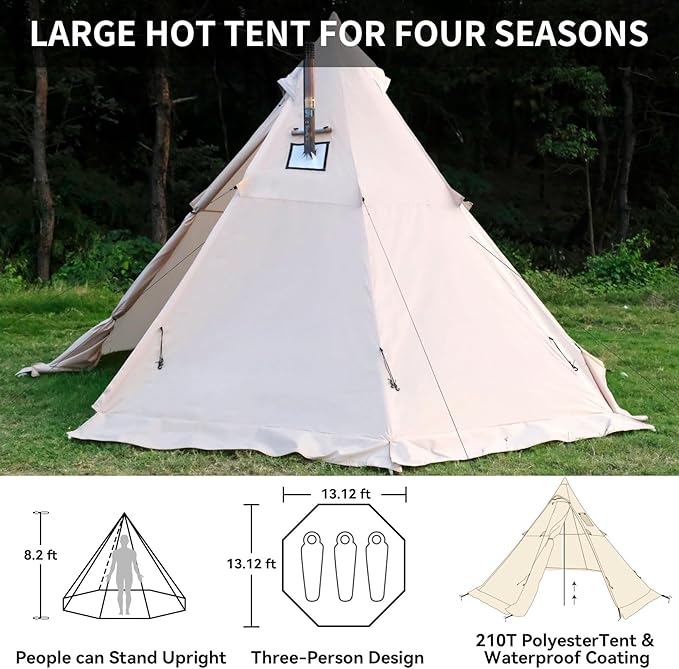 Hot Tent with Stove Jack 4 Season 3-4 Person Tipi Tent for Camping 8.2ft Standing Room with Snow Skirt Cold Weather Shelter for Family Fishing Hiking Hunting Backpacking