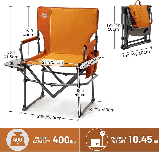 TIMBER RIDGE Aluminum Camping Directors Chair with Side Table Pocket Portable Folding Chair Heavy Duty Lawn Chair for Fishing Trip Picnic Concert Outdoor 400lbs Orange 2 Pack