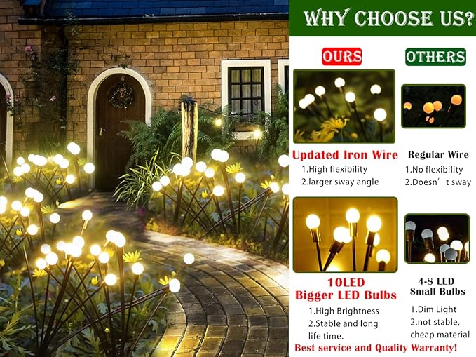 SunKite Solar Garden Lights - 4 Pack 10 LED Solar Firefly Lights Sway by Wind Outdoor Waterproof Solar Decorative Lights Solar Outdoor Lights for Yard Patio Walkway Decoration Warm White