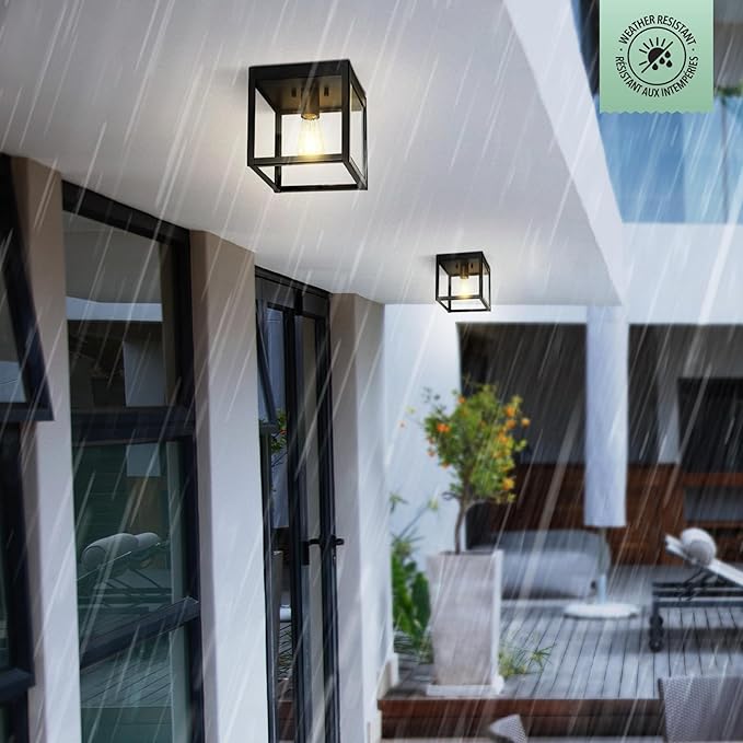 Globe Electric 60000020 1-Light Outdoor Flush Mount Ceiling Light Fixture Matte Black Clear Glass Shade Front Porch Décor Lighting Weather Resistant