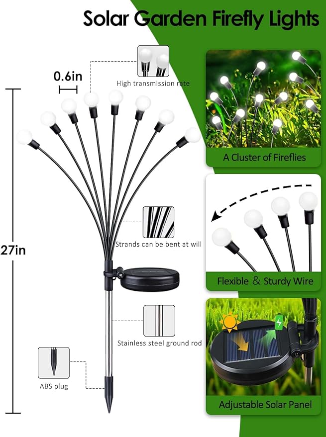 2026 Upgraded Solar Lights Outdoor 8 Pack Solar Garden Lights with 2 Modes Firefly Lights Outdoor Waterproof Sway by Wind Twinkle Firefly Light for Yard Patio Path Garden Decoration (Cool White)