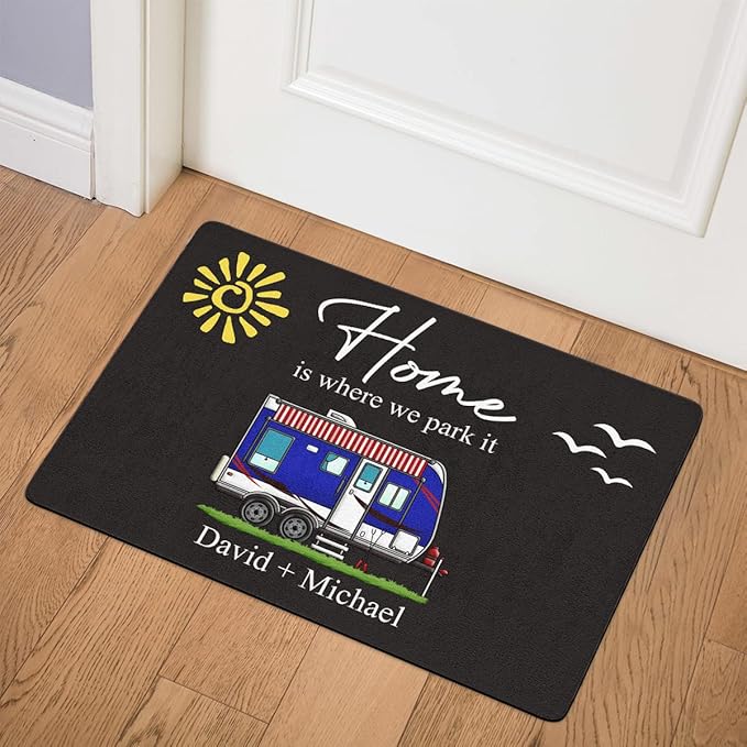 Personalized Home is Where We Park It Doormat Camping - Custom Family Name Camping Door Mat RV Accessories for Inside Outside Campsite Decorations for Travel Trailers Decorative Gift Motorhome Rugs