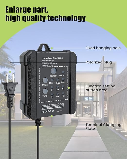 65W Low Voltage Transformer Outdoor Low Voltage Landscape Transformer with Timer &amp Photocell Sensor 120V AC to 12V DC Waterproof Power Supply for Landscape Lighting Spotlight Deck Lights