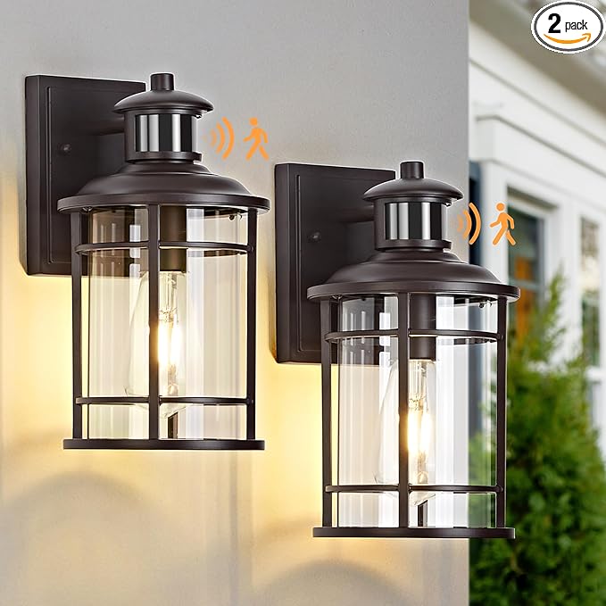 OKELI Motion Sensor Outdoor Wall Lights-Dusk to Dawn Porch LightBrown Outdoor Lights Fixture3 Lighting Modes Waterproof Anti-Rust Outdoor Lights for House Porch Garage (2 Pack