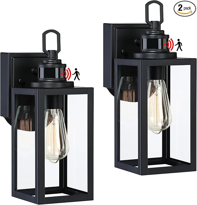 GRUENLICH Dusk to Dawn Outdoor Wall Lantern PIR Motion Sensor Wall Sconce E26 Base Max 60W Metal Housing Plus Glass Matte Black Finish Bulb Not Included 2-Pack