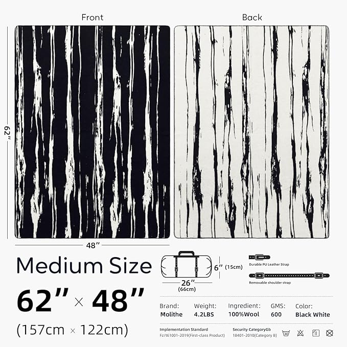 100% Wool Blanket 48 x 62 Warm Thick Washable Military Wool Blanket Great for Camping Outdoors Sporting Events Survival KitsBlack White Striped