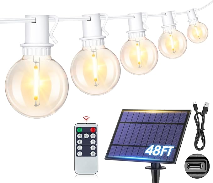 Mlambert 48Ft Solar String Lights Outdoor Waterproof Patio Lights with 18 Shatterproof G40 Bulbs(1 Spare) Led Light for Backyard-White Wire