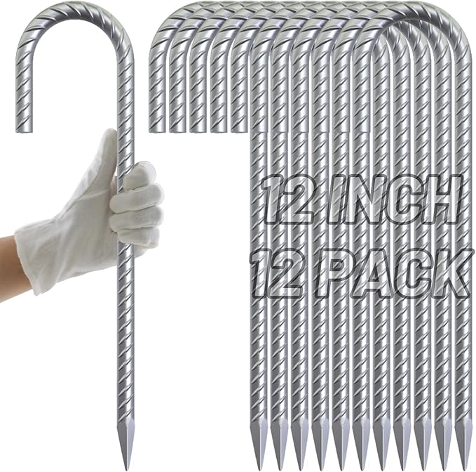 AAGUT Rebar Stakes 12 Inch J Hook Heavy Duty 12 Pack 3/8 Inch Galvanized Metal Steel Ground Anchors Chain Link Fence Stakes for Camping Tent Inflatables Yard Decorations Canopies &amp Swing Sets