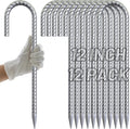 AAGUT Rebar Stakes 12 Inch J Hook Heavy Duty 12 Pack 3/8 Inch Galvanized Metal Steel Ground Anchors Chain Link Fence Stakes for Camping Tent Inflatables Yard Decorations Canopies &amp Swing Sets