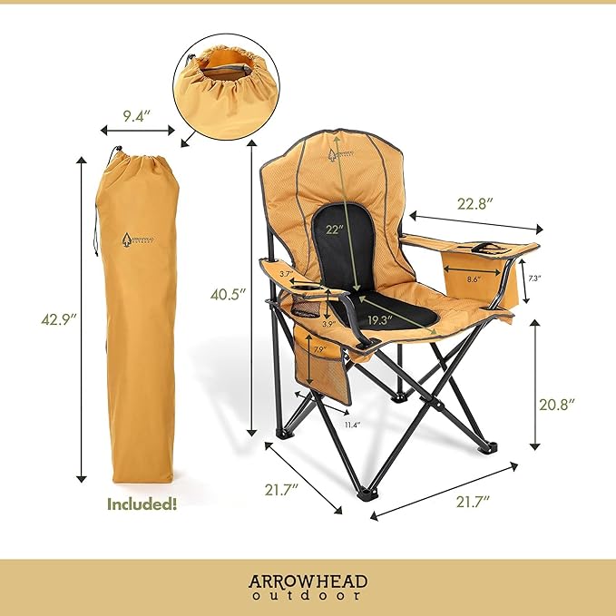 Arrowhead Outdoor Portable Folding Camping Quad Chair w/ 4-Can Cooler Cup-Holder Heavy-Duty Carrying Bag w/Easy Carry Shoulder Strap Padded Armrests Supports up to 330lbs USA-Based Support