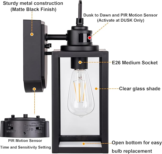 GRUENLICH Dusk to Dawn Outdoor Wall Lantern PIR Motion Sensor Wall Sconce E26 Base Max 60W Metal Housing Plus Glass Matte Black Finish Bulb Not Included 2-Pack