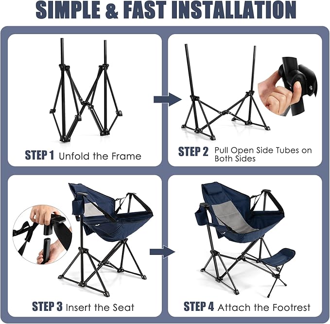 KOTEK Hammock Chair Portable Camping Chair with Retractable Footrest Adjustable Backrest Headrest Cup Holder &amp Carry Bag Folding Rocking Chair for Outdoor Lawn Patio Travel Picnic Fishing (Na