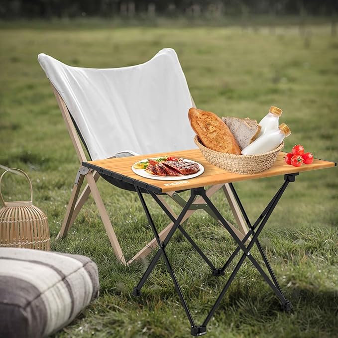 Portable Camping Table Compact Camping Side Table with Carrying Bag Ultralight Aluminum Beach Table Folding for Hiking Camping Picnicking BBQ Outdoor Cooking (Wood Medium 22)
