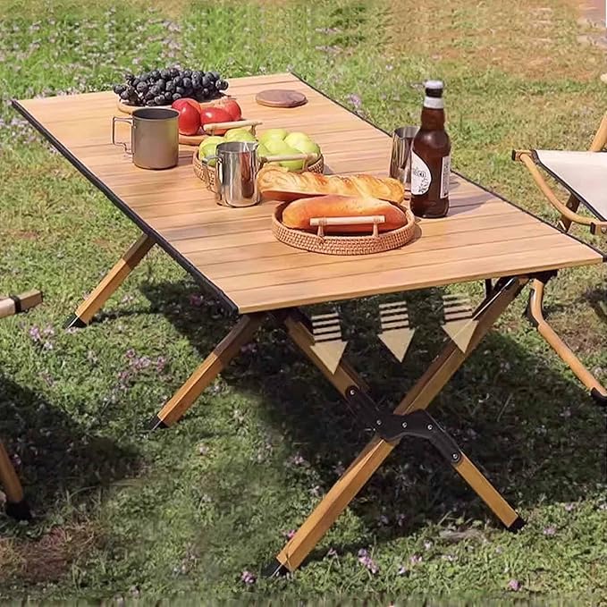 Portable Outdoor Camping Table Large for 2-6 Person Foldable Roll-up Metal Camp Table with Carry Bag for Picnic Camp Wood Color