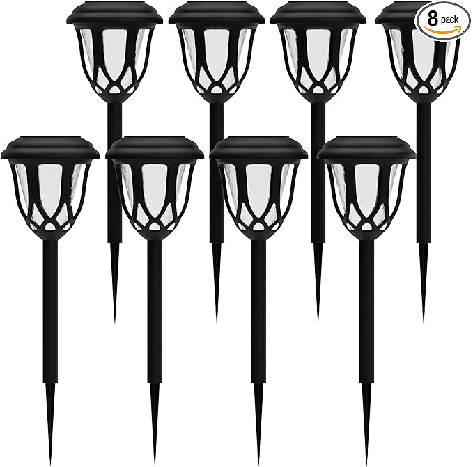 Flash Furniture Hess 8 Pack LED Solar Lights - All-Weather Black Tulip Style Outdoor Solar Powered Lights - Landscape Lighting for Pathway Garden &amp Yard