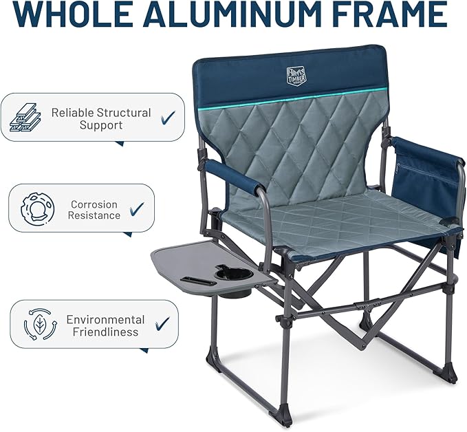 TIMBER RIDGE Aluminum Camping Directors Chair with Side Table Pocket Portable Folding Chair Heavy Duty Lawn Chair for Fishing Trip Picnic Concert Outdoor 400lbs Navy