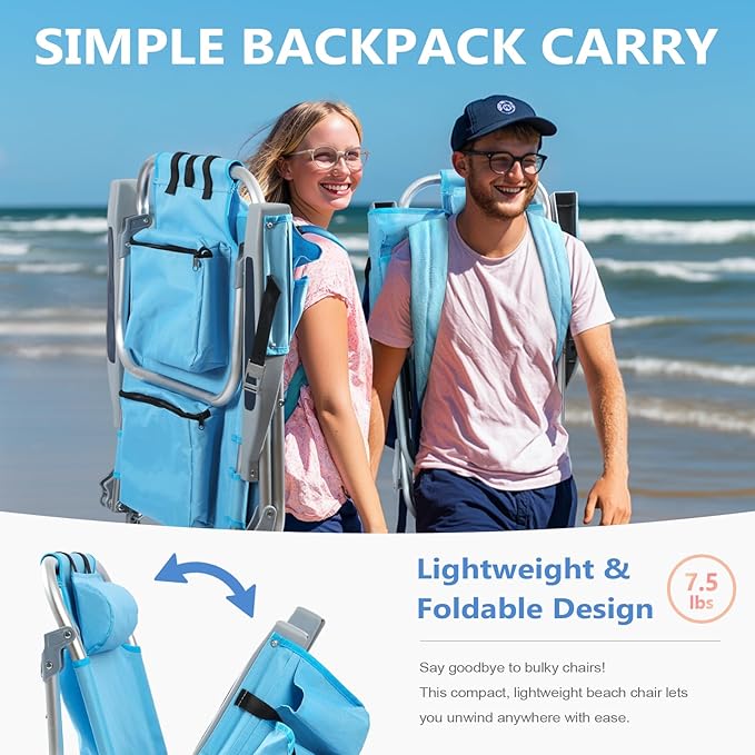 PASAMIC Backpack Beach Chairs for Adults 2 Pack Portable Lay Flat Reclining Beach Chairs with 5 Positions Tall Heavy Duty Folding Chair with Cup Holder Cooler Pouch Towel Bar Blue