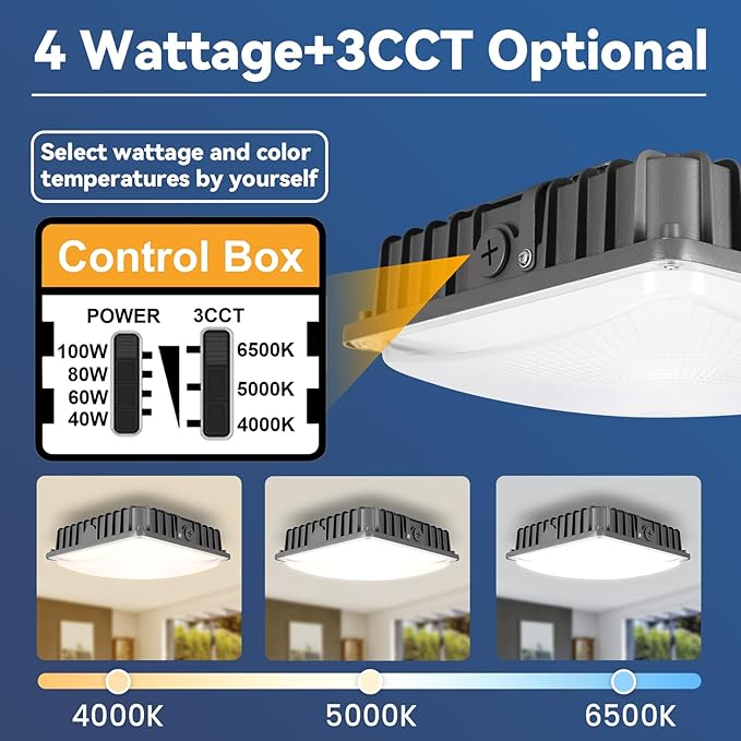 100W LED Canopy Light 4Pack Selectable Wattage 40/60/80/100W 3CCT 4000/5000/6500K Commerical LED Canopy Lights Outdoor Gas Station Square led Light for Garage Carport Dim 100-277VAC ETL Listed