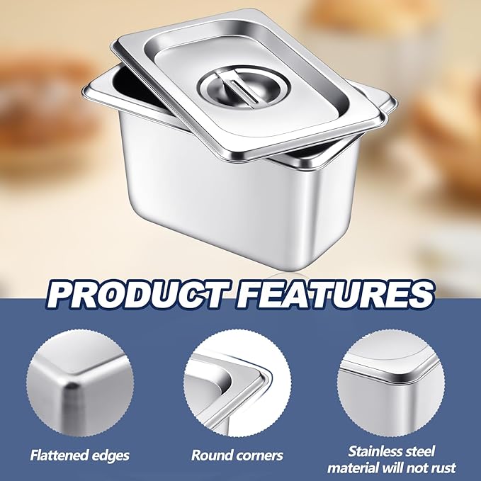 Mifoci 6 Pack Stainless Steam Hotel Pan with Lid 1/9 Size x 4 Inch Deep Steam Table Pan Restaurant Supplies Reusable Anti Rust Catering Storage for Home Party Restaurant Hotel Buffet