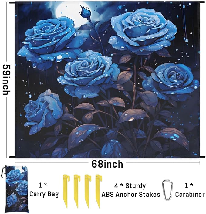 Waterproof Sandproof Beach Blanket 59''×68'' Rose Flower Polyester Outdoor Picnic Blanket with 4 Stakes &amp Storage Bag for BeachCampingVacation Blue