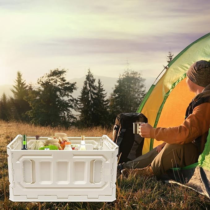 PP Folding Storage Boxes Outdoor Portable Camping Storage Box Folding Box Table Equipment Camping Organizer for Trunks Study Rooms (White)
