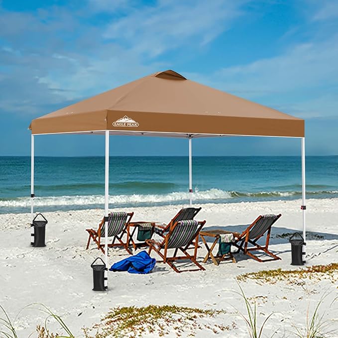 EAGLE PEAK Pop Up Canopy Tent with Wheeled Carry Bag 8 Stakes 4 Ropes 4 Weight Bags Easy Set Up Tent Canopy 10x10 ft 100sqft of Shade Khaki