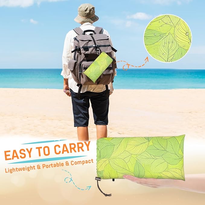 Waterproof Sandproof Beach Blanket 59''×68'' Curry Leaf Polyester Outdoor Picnic Blanket with 4 Stakes &amp Storage Bag for BeachCampingVacation Green