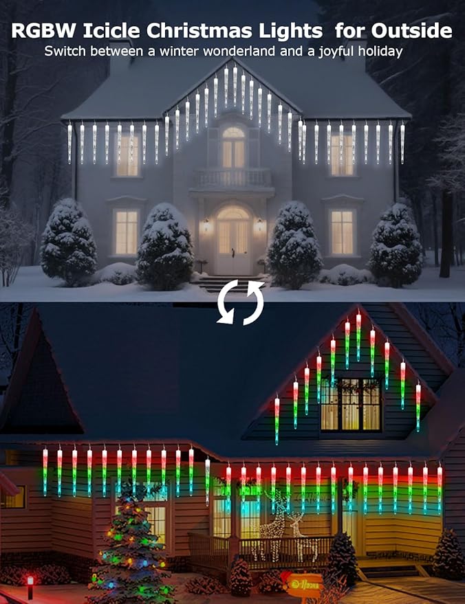 Smart Christmas Icicle Lights for Outside 33FT 20 Tubes RGBW LED Icicle Christmas Lights Outdoor App Remote Controlled DIY Dynamic Effects and 50+ Scenes for House Roof Decorations