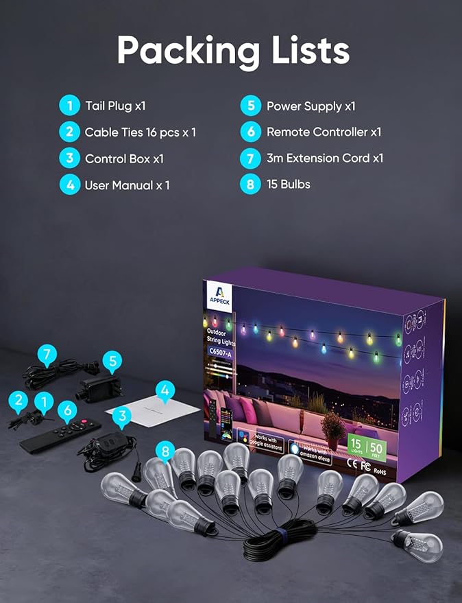 APPECK Outdoor String Lights 50ft Smart RGBW Outdoor Patio Lights with 15 LED Bulbs Extendable 111 Scene Modes IP65 Waterproof Lighting for Outside Dimmable Warm White Compatible with Alexa