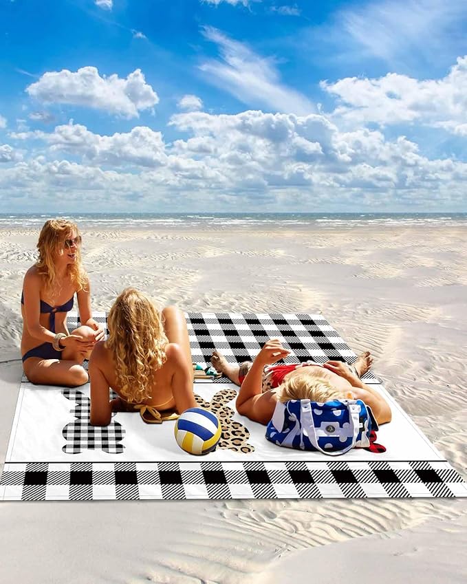 Beach Blanket Waterproof Sandproof Easter Check Leopard Rabbits Silhouette Quick Drying Beach Mat with 4 Stakes Black White Buffalo Lightweight Picnic Blanket for Travel Camping Outdoor 95x80