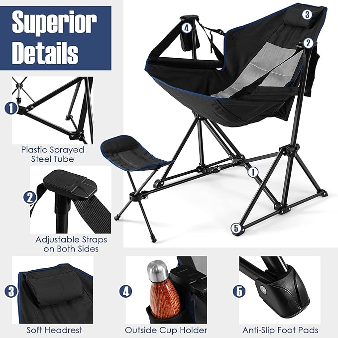 Giantex Outdoor Hammock Camping Chair - Rocking Chair with Removable Footrest Adjustable Backrest Pillow Cup Holder Storage Bag Portable Fishing Chair for Poolside Patio Folding Chair (2 Black)