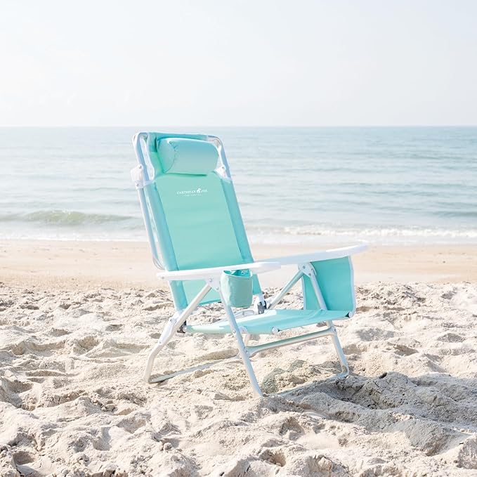 Caribbean Joe Folding Beach Chair 5 Position Lightweight Portable Reclining Outdoor Camping Chair with Headrest Shoulder Strap and Cup Holder Mint