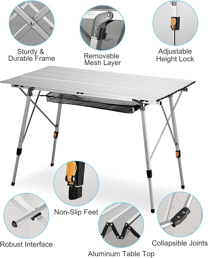 FiveJoy Folding Camping Table Outdoor Portable Picnic Camp Table with Aluminum Legs Adjustable Height Roll Up Table with Mesh Layer for Picnic Beach Grill Backyard Kitchen