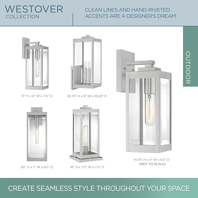 Quoizel Westover Modern Wall Sconce 20 Inch Stainless Steel 1-Light Outdoor Light Fixture Clear Beveled Glass Wall Lantern 150 W Industrial Design Wall Light for Porch Patio Gazebo or Yard