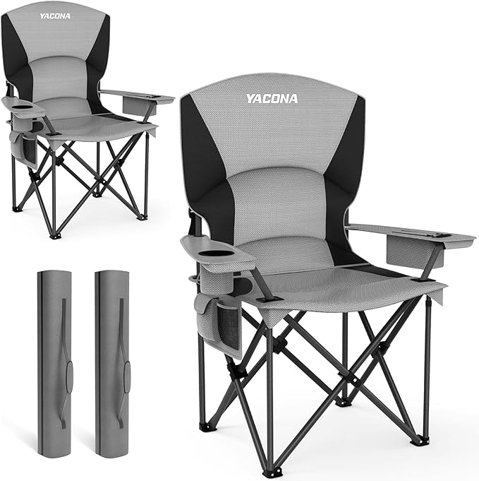 Oversized Camping Chairs 2 Pack - 450lbs Support Folding Camping Chair for Adults w/Padded Back &amp Arm Sport Chairs Cup Holder Cooler Bag Heavy Duty Portable Lawn Chairs for Sports Garden Beach