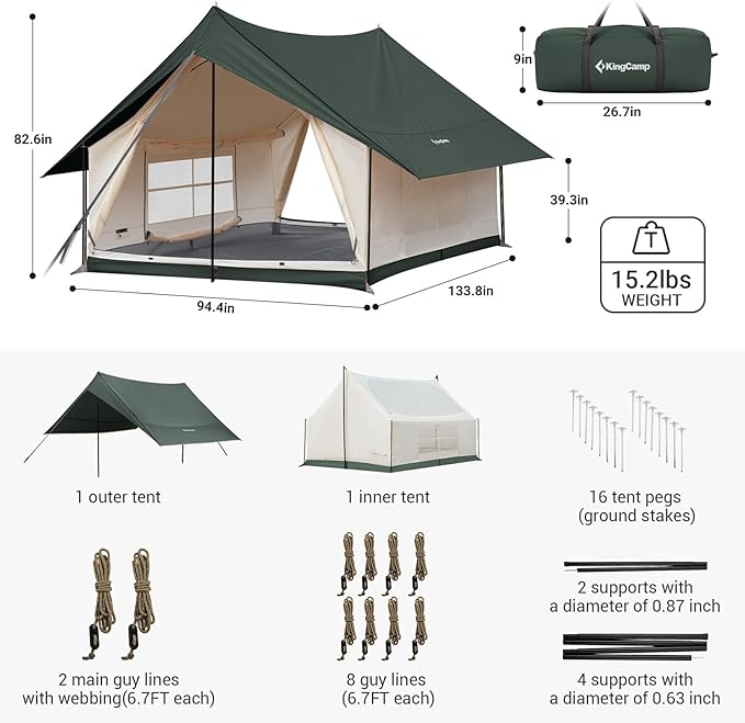 KingCamp 6-8 Person Canvas Tent for Camping Waterproof &amp Windproof Cabin Tents with Large Mesh Windows Easy Setup All Season Wall Tent for Family Camping Hiking and Outdoor Events