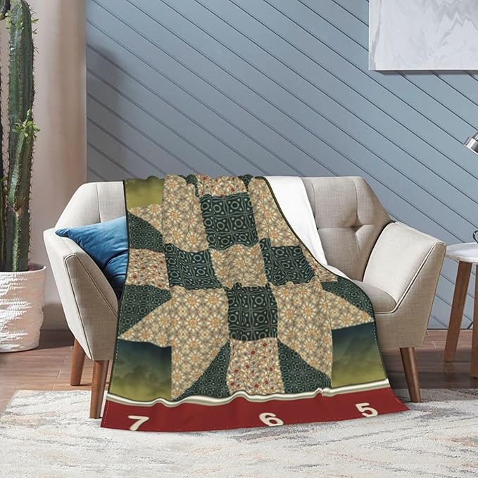 80X60 Star Patch Quilt Block Gold Green Lightweight Flannel Blanket - Soft and Breathable Polyester Suitable for Travel Camping and Home Decoration