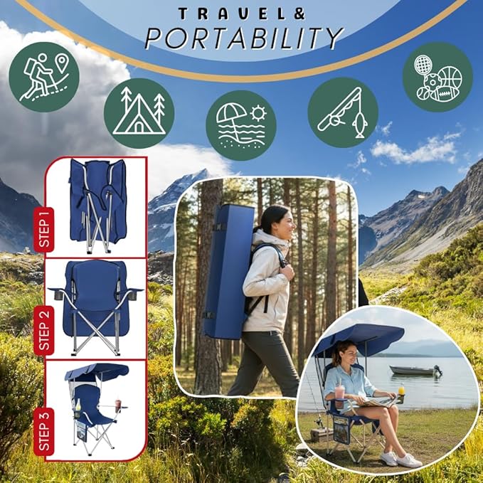 Portable Folding Camping Chairs with Canopy Shade Beach Chair for Adults Durable Weather Resistant 600D Oxford Cloth Camping Chair with Canopy for Outdoors [Navy]