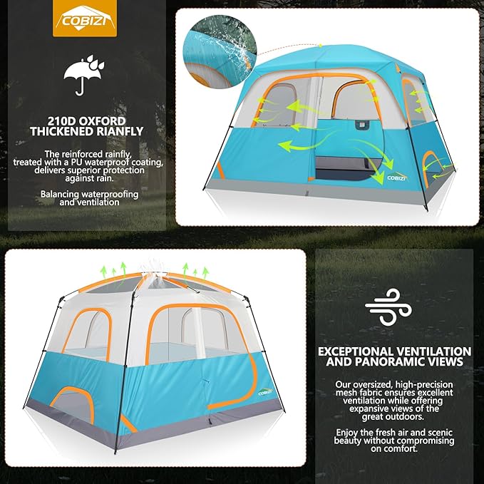COBIZI Camping Tent 4 Person Easy Setup Waterproof Windproof Backpacking Tent with Removable Rainfly Lightweight Portable Outdoor Family Tents for Camping Travel Fishing Hiking Scouts (Green)
