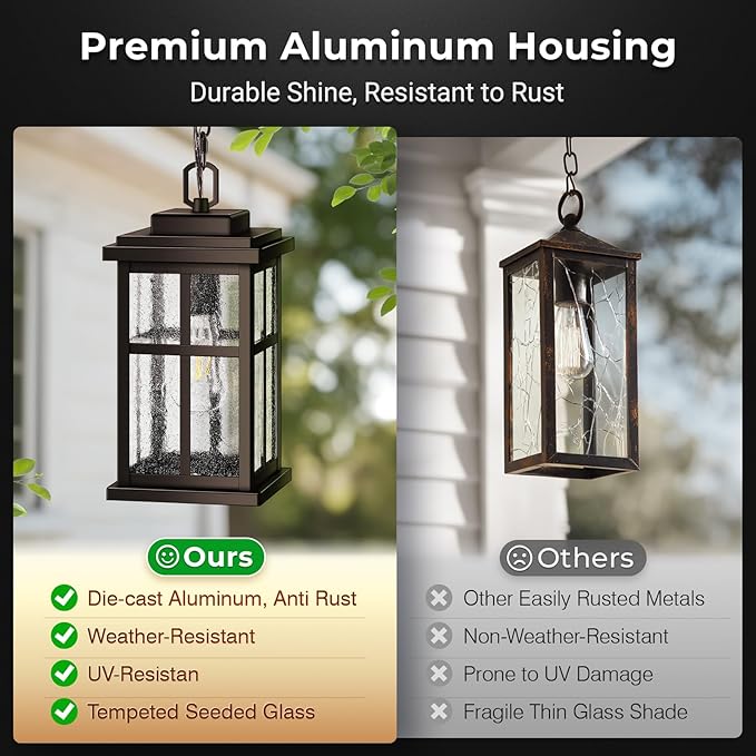 VIANIS Large Outdoor Pendant Lights for Porch Oil Rubbed Bronze Farmhouse Hanging Porch Lights Outdoor with Tempered Glass Anti-Rust Waterproof Exterior Chandelier for Patio with Adjustable Chain