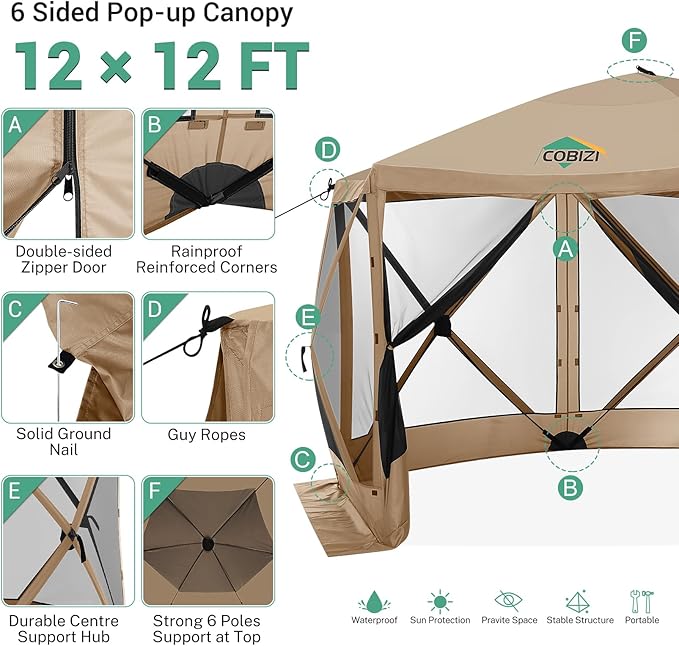 COBIZI 12x12 pop up Gazebo on Clearance Screen Tent for Camping Camping Outdoor Screened Gazebo &amp Canopy TentPortable Hub with Carrying Bag and Ground Stakes Khaki(Upgraded 2.0)
