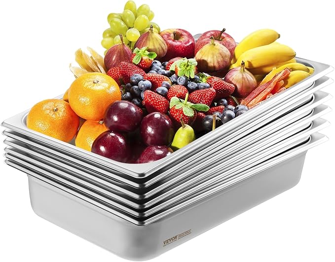 VEVOR 6 Pack Stainless Steel Hotel PansFull Size 4 Inch Deep 0.8mm Thick Anti-Jam Commercial Food Pans for Steam Tables Restaurants Catering &amp Industrial Use