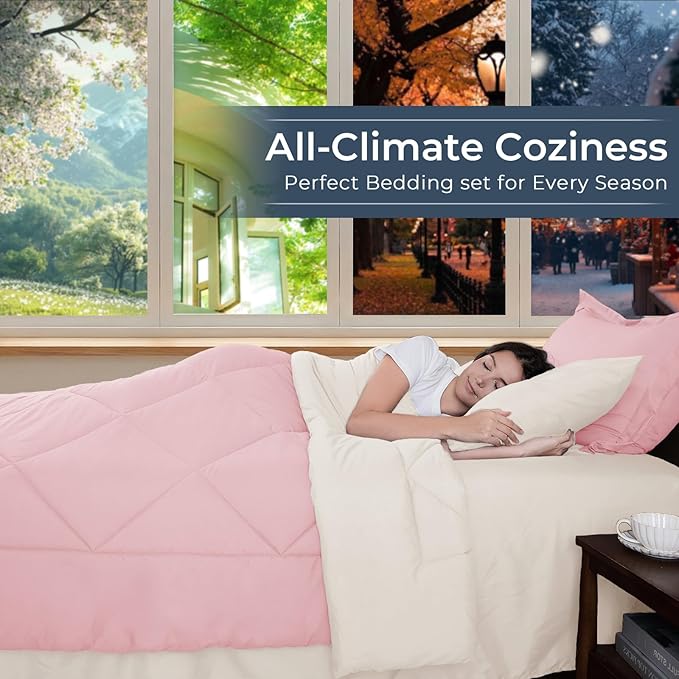 HEVUMYI Queen Comforter Set - 7-Piece All Season Bed in a Bag Queen Ultra Soft Bedding Set with Comforter Flat Sheet Fitted Sheet Pillowcases Pillow Shams Pink &amp Ivory